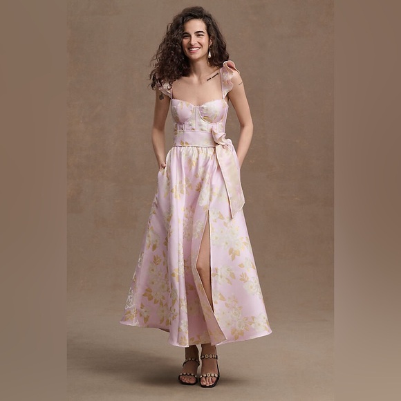 V. Chapman Vera Ruffle-Strap Corset Side-Slit Midi Dress Anthropologie